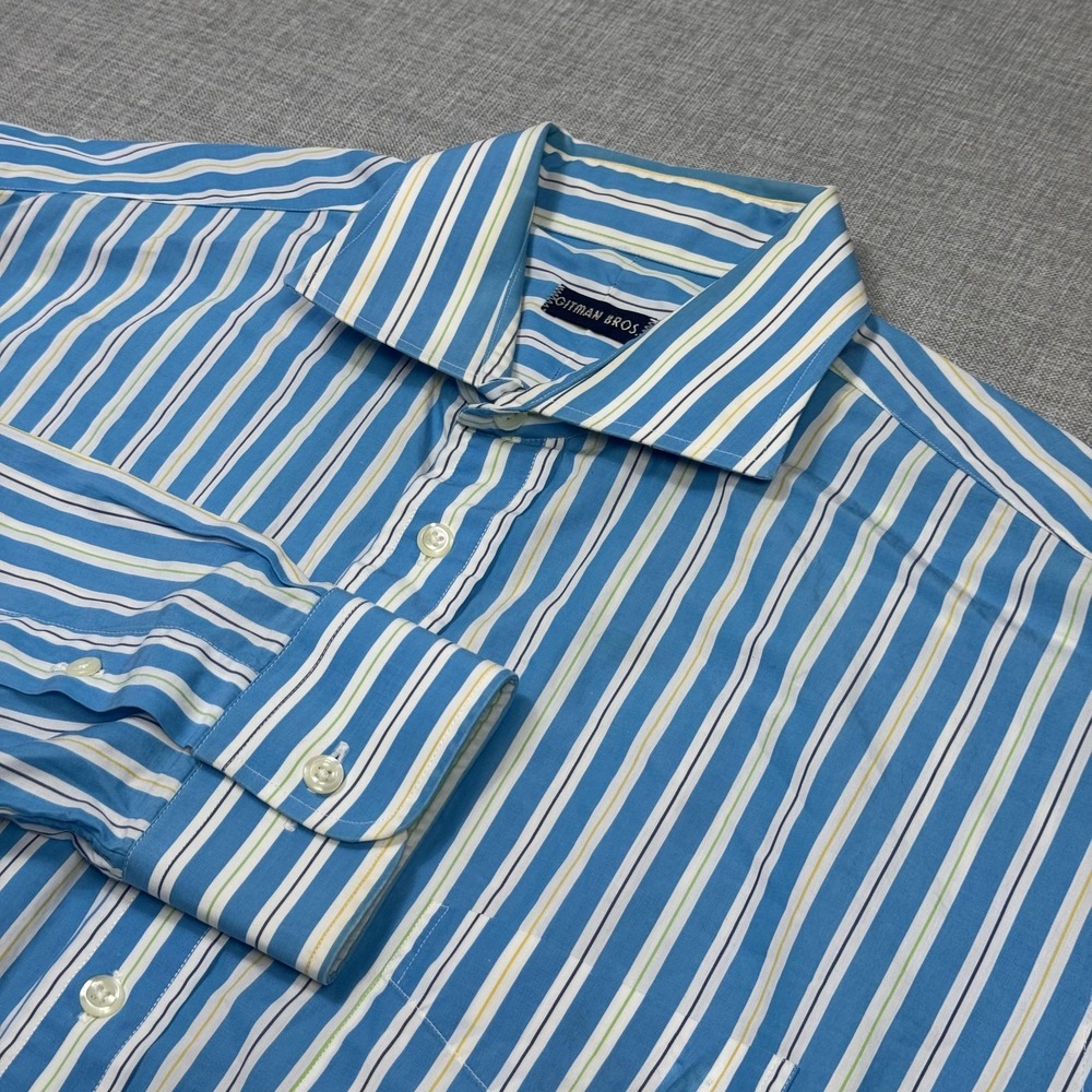 Gitman Bros Dress Shirt Mens L Blue Striped Point Collar Long Sleeve Regular Fit